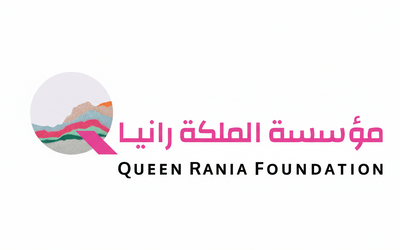 Logo of Queen Rania Foundation with colorful design and text on a green background