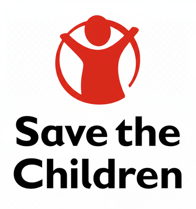 Red logo of a child with arms raised and 'Save the Children' text on a transparent background